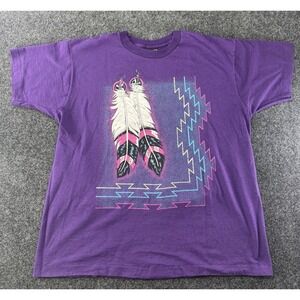 VTG 90s Feather Graphic Tee XL Made USA Purple Southwest Neon Fruit Loom